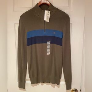 Original Penguin Men's Green and Navy Zip-Up Sweater